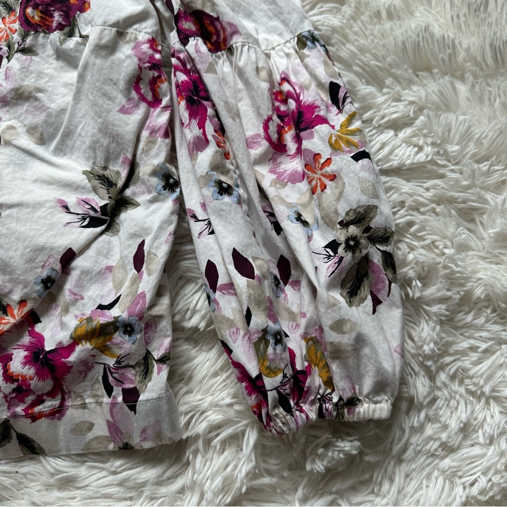 White House Black Market Floral Blouse Size 0 White Pink Bell Sleeve - Picture 8 of 12
